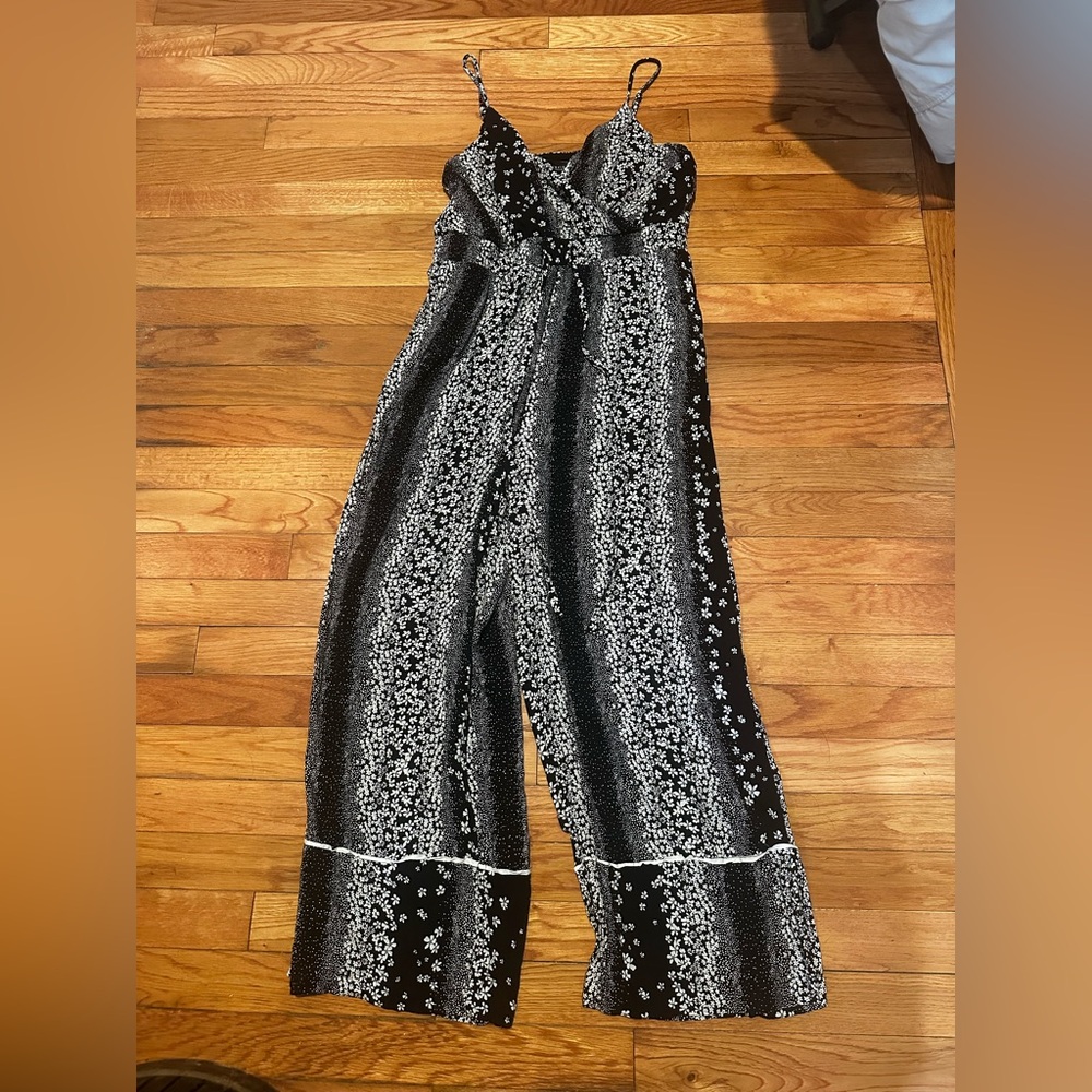 Vici Floral Jumpsuit Black White Medium Cropped Wide Leg